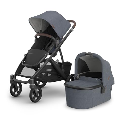 Image of UPPAbaby Vista V3 Stroller + Bassinet V3 - Convertible Single-to-Double Stroller System- Bassinet, Toddler Seat, Bug Shield, Rain Shield Included -Julian-Dusty Blue Melange | Carbon Frame