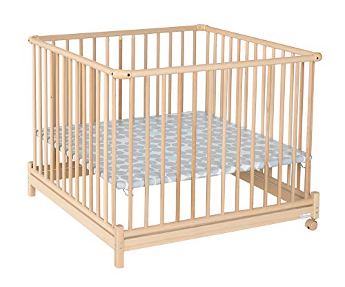 Geuther Laufstall Euro-Parc Plus - zusammenklappbares Laufgitter, TÜV geprüft, aus Holz in Natur, Dekor: Circle, Größe: 97 cm x 97 cm Cover