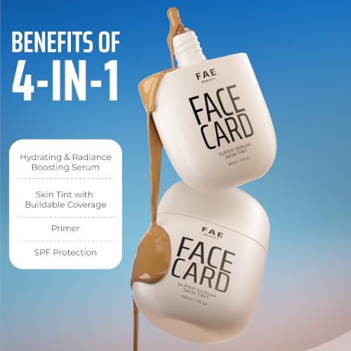 Image of FAE Beauty Face Card 4-in-1 Super Serum Skin Tint | Hydrates, Primes, Provides Coverage & Protects with SPF | Lightweight, Dewy Finish | 30 Shades for Indian Skin Tones | Shade - 32W - Warm