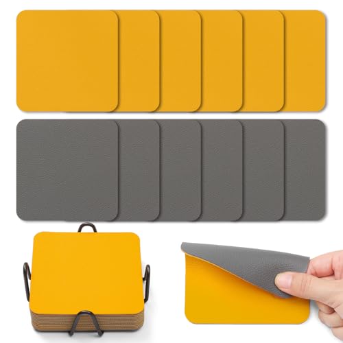 Myir JUN Coasters Glass Coasters set of 12 4 inch Double Sided Faux Leather Coaster Waterproof Non-slip Easy to Clean with Coaster Holder(Gray Yellow)
