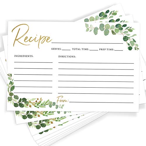 Printed Party Recipe Cards, Gold Greenery, Set of 50