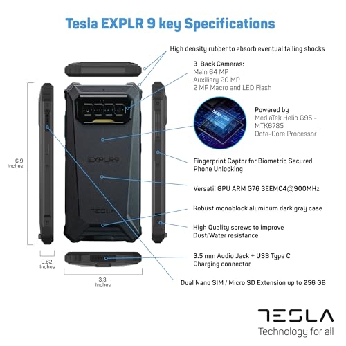 TESLA EXPLR 9 128GB Smartphone | Rugged Phone | Android Cell Phone |DualSIM & MicroSD Expandable | 8300mAh Battery | Shock + Water + Dust Resistant | 6.78’’ Screen | Cameras 64MP-16MP | 3.5 Jack