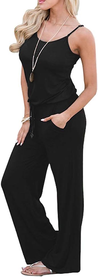 Artfish Women Casual Sleeveless Spaghetti Strap Striped Lounge Pajama Jumpsuit