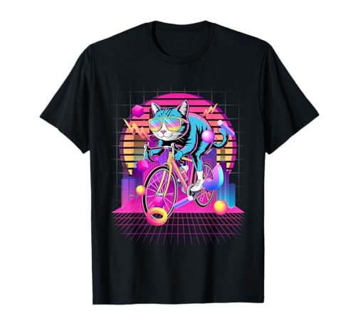 Ciclista Synthwave Cat Cyclist de los 80, Retro, Modelo Vaporwave Camiseta