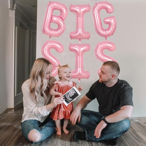 Image of 40 Inch Pastel Pink BIG SIS Letter Balloons, Pearl Pink BIG SIS Balloon Letters with Ribbon, Light Pink Baby Girls Alphabet Balloon for Her Baby Shower Birthday Gender Reveal Party Decoration Supplies