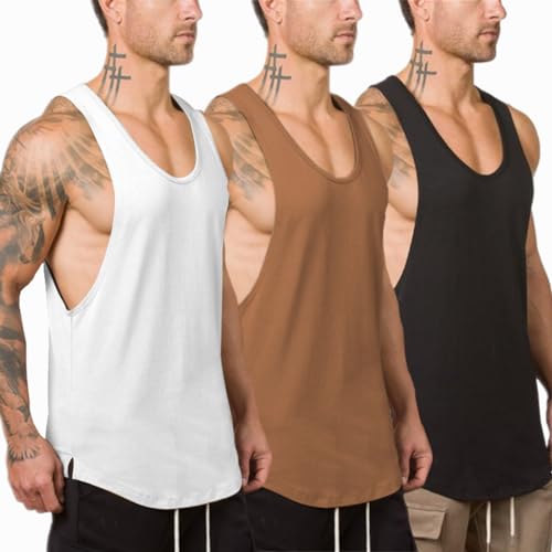 XYKJFIT 3 Pack Men's Workout Tank Tops Sleeveless Casual Vest Shirts Lightweight Plain Gym Clothes Men Black+White+Mud Yellow