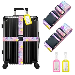 2PCS Luggage Straps & 2PCS Luggage Tags Set,Adjustable Luggage Suitcase Straps Personalised Straps for 20-34 in Suitcases Thicken Travel Packing Belt Suitcase Belts for Suitcase Baggage
