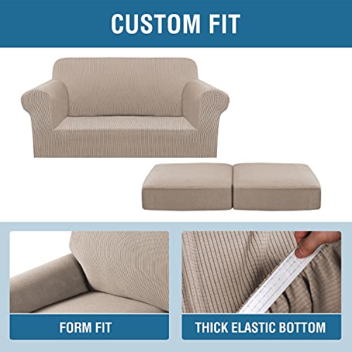 3 Piece Stretch Sofa Covers For 2 Cushion Loveseat Couch Covers For Living Room Sofa Slipcovers Furniture Cover (Base Cover Plus 2 Seat Cushion Covers) Thicker Jacquard Fabric(Medium Sofa, Sand) #TOP3