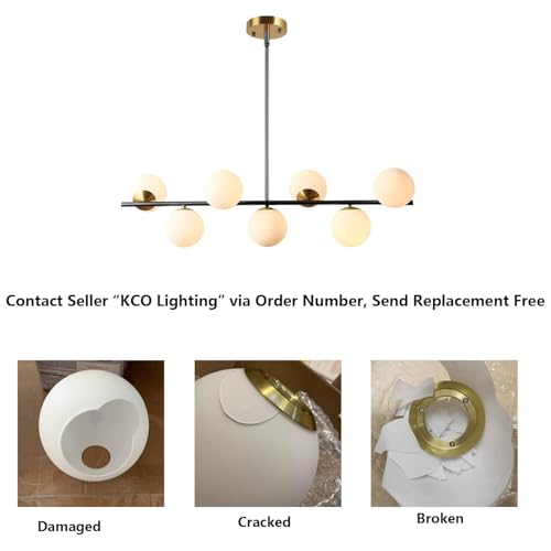 Image of KCO 43.3 inch Black Gold Linear Glass Globe Sputnik Chandelier for Dining Room | 7-light milk glass globe, mid century modern Linear Pendant, sloped ceiling compatible, for Kitchen island,living room, study