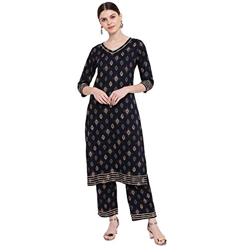 Image of Khushal K Women's Rayon Foil Print Kurta With Palazzo Set (Blue)