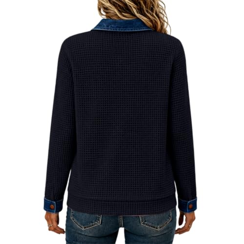 Waffle Knit Shirts for Women Henley Neck Contrast Denim Patchwork Shirt - image 5