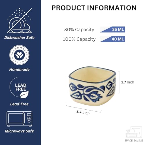 Image of Freakway Hand Painted White Ceramic Dip Bowls | Bowls Set of 2, 40Ml | Bowl for Serving Chutney Bowl /Pickle Bowl /Small (BLU & WHT)
