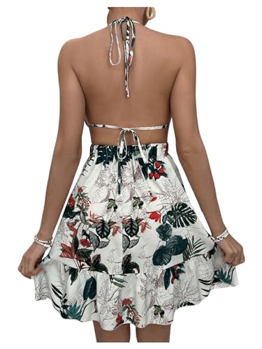 Image of SweatyRocks Women's Deep V Neck Halter Sleeveless Mini Dress Backless Boho Floral Print Ruffle Hem Flare Dresses