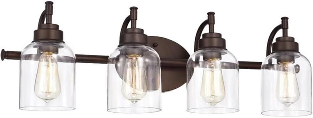 Pemberly Row Transitional 4-Light Bath Vanity Fixture, 30" Wide, Oil Rubbed Bronze Finish, Clear Bell Glass Shades, Steel Construction, Uplight and Downlight, Hardwired Indoor Bathroom Light