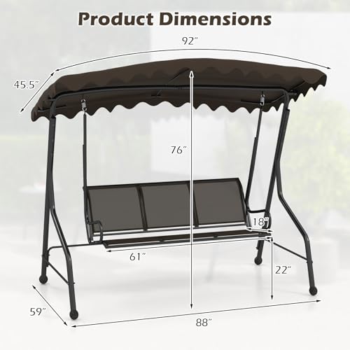 Image of Tangkula 3 Person Porch Swing, Patio Swing with Adjustable Canopy, Heavy-Duty Metal Frame & Breathable Seat, Outdoor Metal Swing for Backyard, Poolside, Balcony, Garden, 1000 lbs Max Load (Brown)