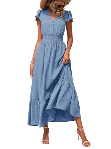 Image of CzzzyL Women Nursing Boho Maxi Dresses Cap Short Sleeve V Neck Swiss Dot High Waisted A-Line Ruffle Tiered with Pockets