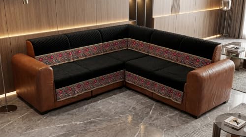 Image of KINGLY L-Shape Sofa Cover 6 Seater 3+3 Velvet Full Cover - Black Multicolor | Fully covered quilted velvet slipcover, washable anti-slip furniture protector, L-type corner sofa cover for living room