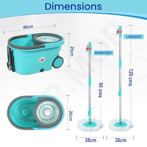 Image of Mr.Mop 360 Degree Round Spin Bucket Mop for Floor Cleaning with Rod Stick and 2 Microfiber Refill | Magic Pocha Set (Aqua Green (Plastic Jali))