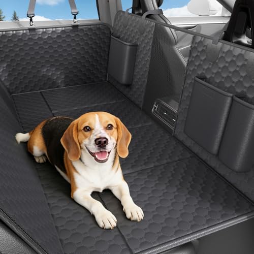 REDASW Dog Car Seat Cover for Back Seat Waterproof Oxford Fabric, Hard Bottom Seat Extender, Scratchproof, Anti-Slip, Dog Hammock for Car with Mesh Window, Fit Full Size Truck, Black