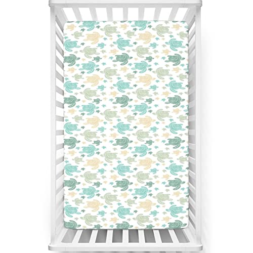 Image of Turtles Themed Fitted Crib Sheet,Standard Crib Mattress Fitted Sheet Soft and Breathable Bed Sheets-Great for Boy or Girl Room or Nursery,28“ x52“,Seafoam and Grey Yellow