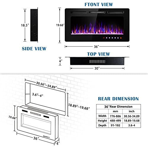 Sunny Flame 36 Inch Electric Fireplace Insert And Wall Mounted, Fireplace Heater, Log Set & Crystal Options, Remote Control With Timer, Adjustable Flame Color 750/1500W Heat #TOP2