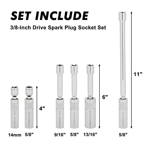 Casoman 6Pcs 3/8-Inch Drive Magnetic Swivel Spark Plug Socket Set, Include 9/16-Inch, 5/8-Inch, 13/16-Inch, 14Mm Socket, Length: 4-Inch, 6-Inch, 11-Inch, 12-Point, Cr-V #TOP1