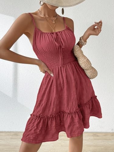 Solid Color Waist Drawstring Casual Dress Womens Sleeveless Plain Sundresses3