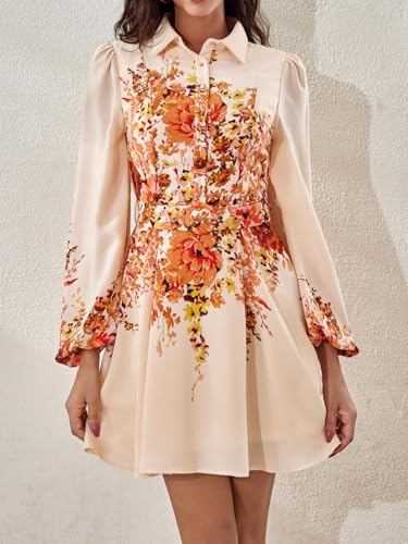 Image of Women Long Sleeve Spring Button Down A-Line Floral Print Summer Cocktail Shirt Dresses with Belt
