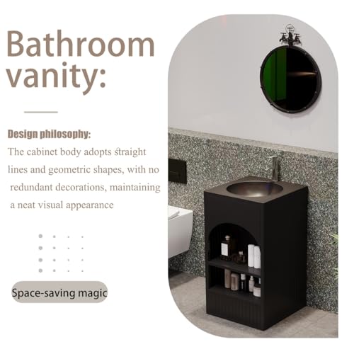 Mueble de baño con lavabo, repisa inferior y espejo para WC en color negro 5