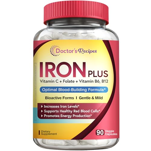 Doctor's Recipes Iron Supplement for Women Men - Gentle Iron Bisglycinate with Vitamin C, B6, Folate & B12 - Non-Constipating & Stomach Friendly Iron Pills for Blood & Energy Support, 90 Vegan Caps