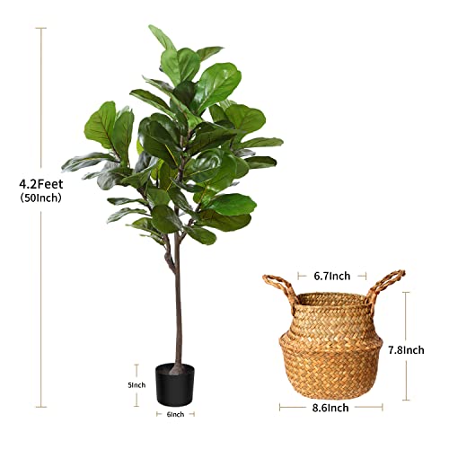 Mosade Artificial Fiddle Leaf Fig Tree 50" Fake Potted Ficus Lyrata Plant With Handmade Seagrass Basket, Perfect Faux Plants Home Décor For Indoor Outdoor Office Porch Balcony Bedroom Bathroom Gift #TOP6