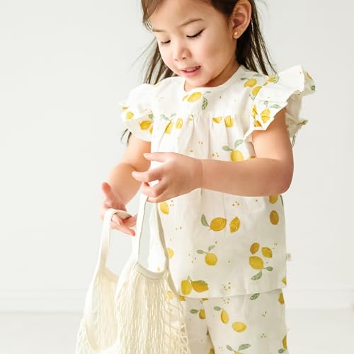 Image of MakeMake Organics GOTS Certified Organic Cotton Baby Kids Toddler Girl Top and Short Outfit Set - Citron, 3-4 Years