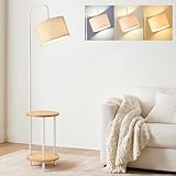 ELYONA Stehlampe Holz mit Tisch, Natur Massivholz Standleuchte mit Leinen-Schirm, Skandinavische Leselampe für Wohnzimmer & Schlafzimmer, Inkl. 3 Farbtemperaturen LED, 163 cm Hoch, Landhausstil