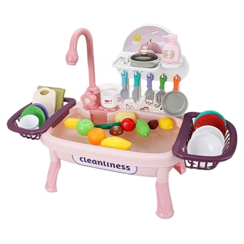 Fregadero de juego para niños, fregadero de juego con agua corriente, 34 piezas/ completo para niños pequeños con grifo giratorio, verduras/cuencos realistas, etc., mesa de agua con pilas para s