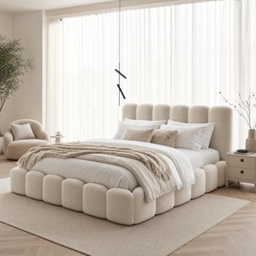 Cloud Upholstered Bed Frame, Teddy Fleece Modern Soft Boucle Platform Bed with Vertical Channel Headboard (Beige, Twin (120x200cm with Medical Pillow Top Mattress))