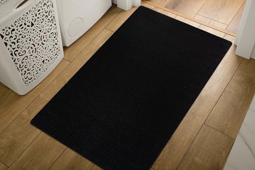 Luul Home Non Slip Black Solid Rubber Back Thin Door Mat for Entryway 2x3 for Kitchen, Rug for Bathroom, Stain Resistant Easy Cleaning Non Shedding Carpet Black 2 x 3