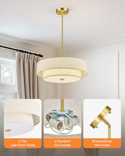 Image of VONLUCE 18 inch Modern Drum Chandelier, 4-Light 2-Tier Linen Pendant Light