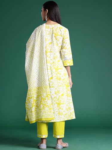 Image of INDO ERA Women Pure Cotton Printed A-Line Kurta Pant With Dupatta Set