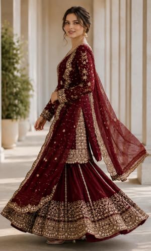 Image of Women's Ethnic Plazzo Suit Set with Kurta & Dupatta | Fendy Fabric Embroidered Kurta Set | Round Neck 3 /4 Sleeve Dress | Elegant Outfit