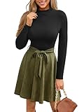 CUPSHE Damen Herbst Winter Kleid Rundhals Langarm Zweifarbig Freizeitkleider mit Bindegürtel Elegant Party Mini Dress Olivgrün M