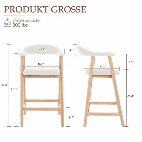 Image of 26 inch Bar Stools Set of 2, Upholstered Counter Stools, Modern Linen Counter Height Bar Chairs with Backs and Arms, Wood Legs and Footrest, for Kitchen Counter, Island, Dining Room, Beige