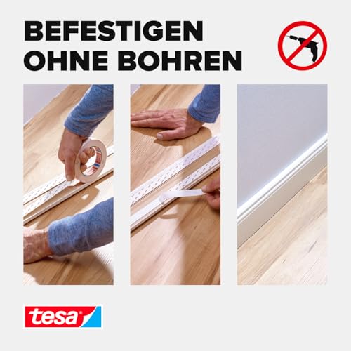 tesa Montageband Tapete&Putz, 10 kg Haltekraft pro Meter - starkes, doppelseitiges Montageklebeband zur Befestigung auf Gips und Tapeten - 1,5 m x 19 mm