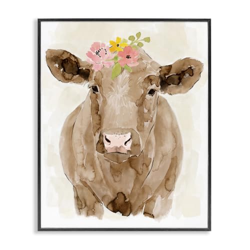 'Delicate Blooms Cow Portrait'| Framed Giclee Art