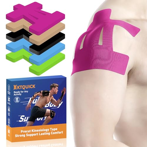 Image of Kinesiology Tape for Shoulder Precut, 12 PCS Shoulder Tape for Pain Relief, KTQUICK Original Cotton Waterproof & Breathable, Enhance Elastic Sports Tape for Pain Support and Muscle Sports, Pink