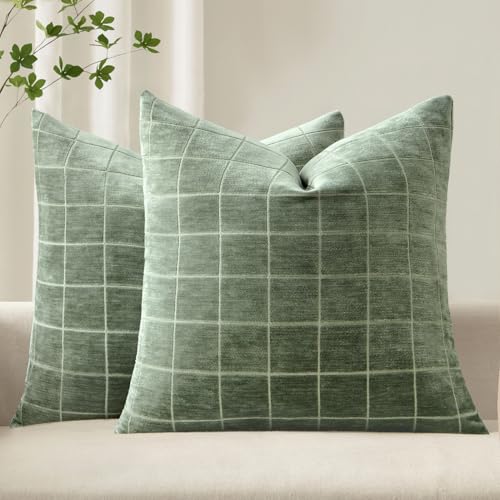 Image of MIULEE Sage Plaid Decorative Throw Pillow Covers 20x20 Set of 2 | Vintage Check Chenille Couch Pillows Neutral Boho Farmhouse Cushion Covers Modern Home Decor for Sofa Bed Living Room