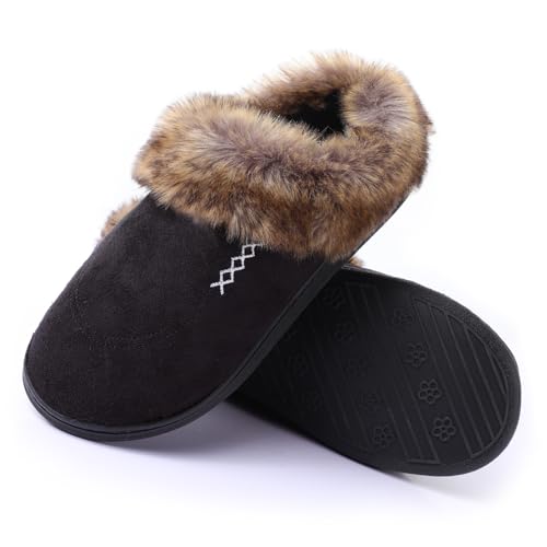 Women's House Platform Slippers Ladies Microsuede Fuzzy Cozy Slippers with Warm Faux Fur Collar & Non-slip Memory Foam Rubber Sole for Indoor Outdoor