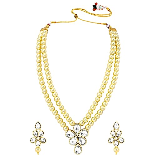 Image of Peora Crystal Faux Pearl Kundan Necklace & Jewellery Set Gift for Women