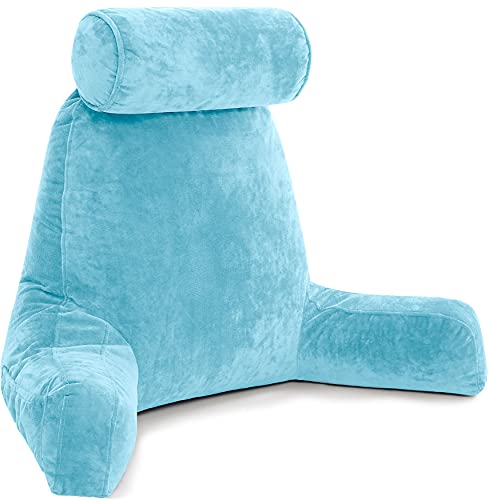 Husband Pillow - Carolina Blue, Big Backrest Reading Bed Rest Pillow with Arms, Plush Memory Foam Fill, Remove Neck Roll Off Bungee, Change Covers, Zipper On Shell of Bed Chair for Adjustable Loft