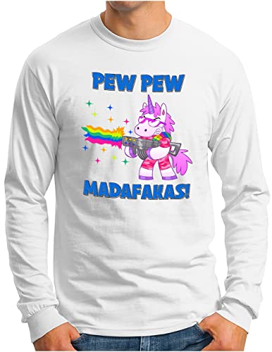 T-shirt Pew Pew Madafakas licorne manches longues blanc homme humour original