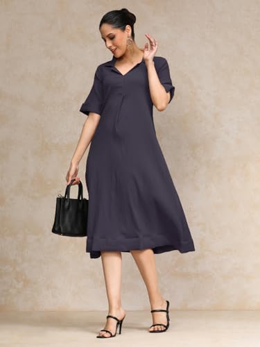 Image of Varanga Women Beige A -line Calf Length Dress Featuring Classic Shirt Collar and Short Sleeves which offering Comfort and Ease